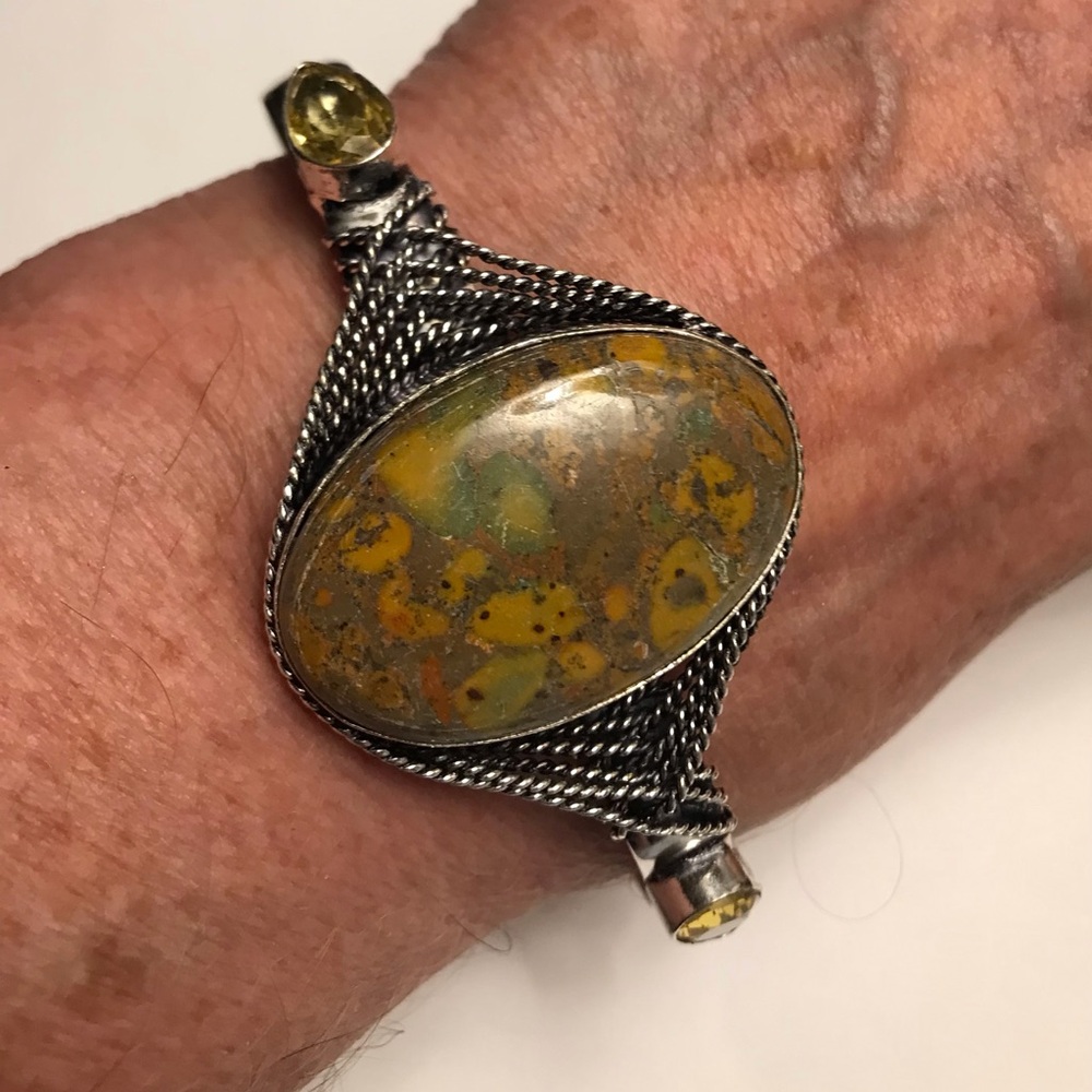 Fruit Jasper Citrine Stamped 925 Sterling Silver Cuff Bracelet